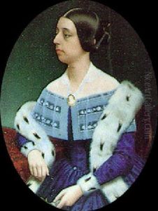Miss Jane G. Bohlen Of Philadelphia, Seated, Wearing A Blue Brocade Dress With Lace Collar