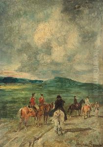 Reitergesellschaft In Hugeliger Landschaft by John Lewis Brown