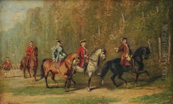 Chasse A Courre A L'oree Du Bois, Trois Chasseurs Et Une Amazone Suivis Du Piqueur Et Des Chiens - view 1