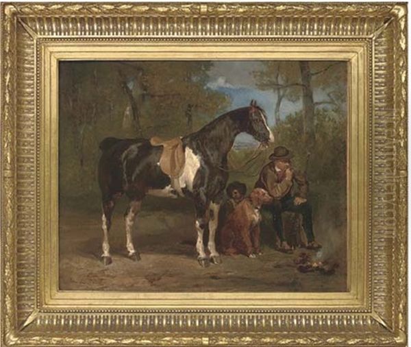 A Huntsman Smoking At A Campfire - view 1