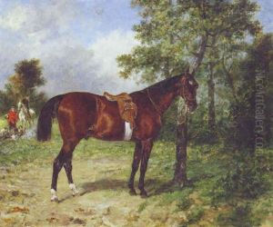 A Bay Hunter Tethered To A Tree With A Huntsman And Hounds Beyond by John Lewis Brown