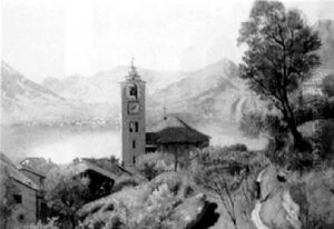 A Clock Tower In A Town, With Lake Geneva Beyond A Clock Tower In A Town, With Lake Geneva Beyond