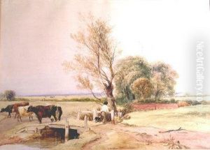 A Wooded River Landscape With Drover And Cattle On A Bridge by Joseph William Allen