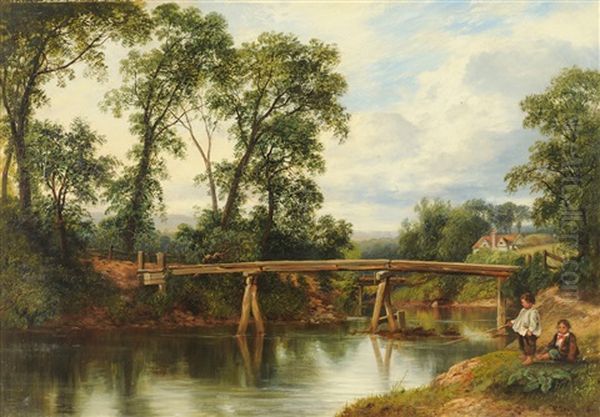Children Fishing By A River, A Bridge Beyond - view 1