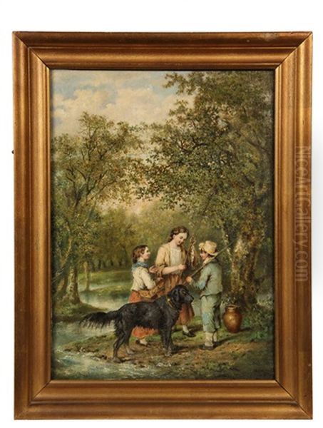 Southern Country Genre Scene Of Young Fishermen Comparing Catches, Their Dog In Foreground - view 1