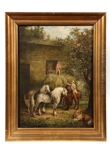 Southern Farm Genre Scene Of Men Loading Hay Into Barn, Two Dray Horses And Resting Dog In Foreground - view 1