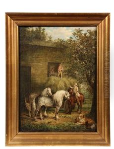 Southern Farm Genre Scene Of Men Loading Hay Into Barn, Two Dray Horses And Resting Dog In Foreground by William Garl Brown