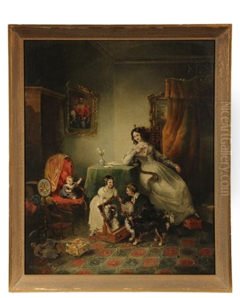 Southern Domestic Genre Scene Of Woman Reading Letter From Soldier Husband, Her Children Fitting A Bonnet To The Family Dog... - view 1