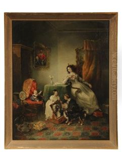 Southern Domestic Genre Scene Of Woman Reading Letter From Soldier Husband, Her Children Fitting A Bonnet To The Family Dog... by William Garl Brown