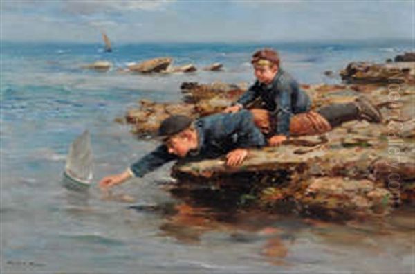 Boys With Model Boat On A Rocky Shore - view 1