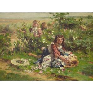 Young Girls Playing In A Garden by William Marshall Brown