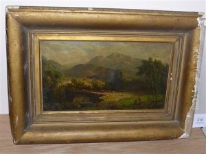 Figures Conversing In A Mountainous Landscape, A Figure Droving Cattle In The Distance