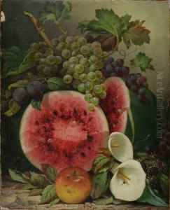 Still Life With Watermelon, Fruit And Calla Lillies by William Mason Brown