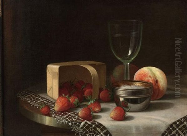 Still Life Of Strawberries, Peaches, Silver And A Wine Glass On A Table - view 1