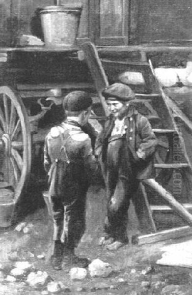 Portrait Of Two Young Boys Discussing Life Outside A Wagon With Red Wheels - view 1