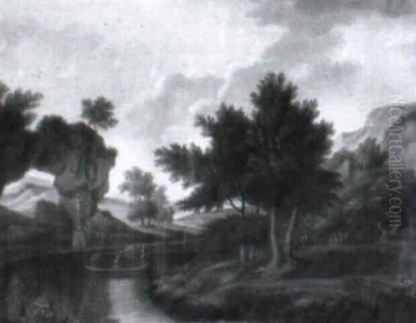 A Rocky Wooded River Landscape, Figures In A Boat And Anglers - view 1