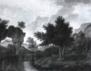 A Rocky Wooded River Landscape, Figures In A Boat And Anglers by Joseph Browne