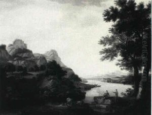 Extensive Rocky Landscape With Animals And Figures By A River by Joseph Browne