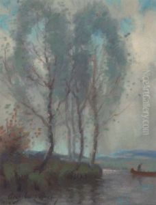 Trees By A River With A Man In A Canoe