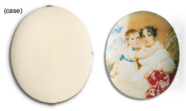 A Mother Seated With Her Left Hand Resting On A Red Velvet Cushion And Her Right Hand Holding The Skirts Of Her Child; In White Dress With High Lace Collar; The Child In White Dress With Blue Sash - view 1