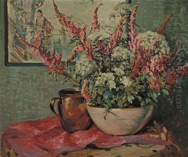 Flowers And Copper Pot On A Tabletop - view 1