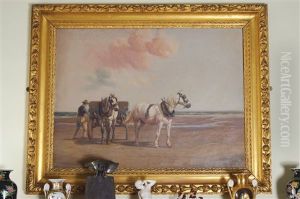 Work Horses And Handler On The Beach