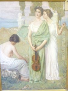 Allegorical Female Figures In An Arcadian Landscape by Peleg Franklin Brownell