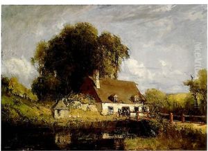Farm House On The Canal With Bridge by Peleg Franklin Brownell