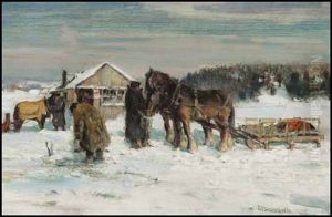 Winter, Feeding The Horses (+ Landscape, Verso) by Peleg Franklin Brownell
