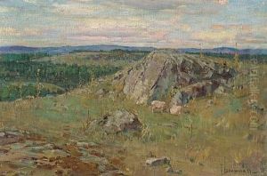 A Pastoral Scene With Sheep Resting By A Rocky Outcropping (+ Another Similar; Pair)