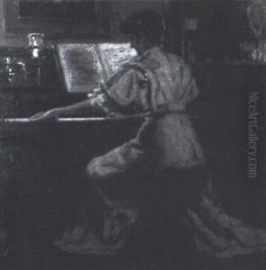 Victorian Interior With Woman Playing Piano by Peleg Franklin Brownell