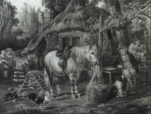 Figures And A Pony By A Rustic Homestead