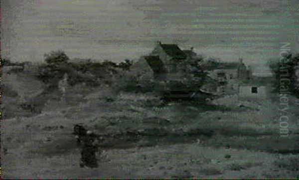 Wiesenlandschaft Mit Einem Mohrrubenfeld, Auf Dem Eine Alte Bauersfrau Ihr Gemuse Erntet - view 1