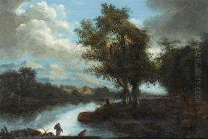 Paysage De Riviere Avec Pecheurs by Lazare Bruandet
