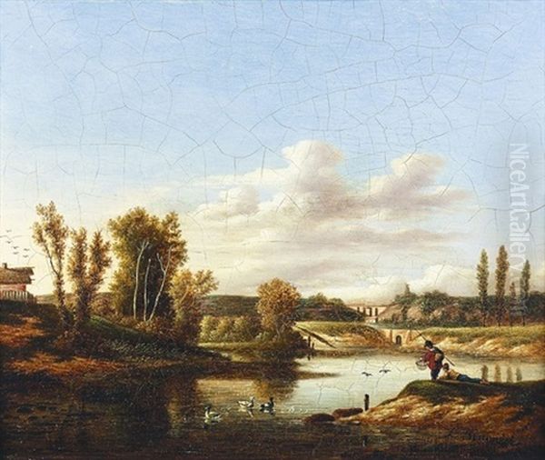 Landschaft Mit Zwei Anglern An Einem Teich - view 1