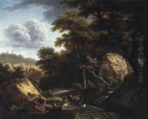 Peasants On A Wooded Path In A Romantic Landscape