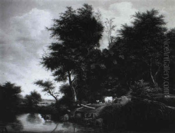 Paysage De Riviere Avec Une Scene Pastorale - view 1