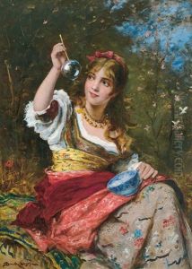 Girl Blowing Bubbles by Lajos Bruck