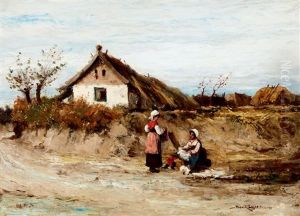 Village Scene With Girls by Lajos Bruck