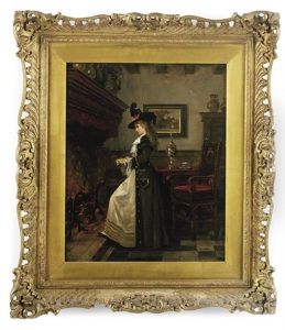 An Elegant Lady, Warming Herself By The Fireside by Lajos Bruck
