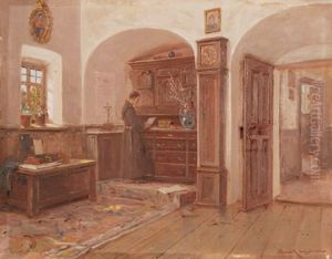 Interieur Mit Jungem Kapuziner-monch by Lajos Bruck