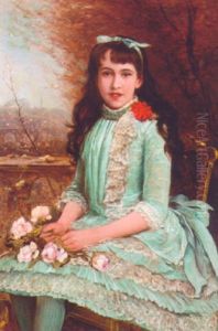 Portrait Of A Girl In A Blue Dress With Lace Trim, Holding A Bouquet Of Roses In Her Hands
