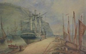 Sailing Vessels In Scarborough Harbour by John Taylor Allerston