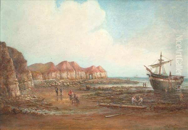 Beach Scene With Boats And Figures At Low Tide - view 1