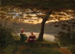 Paar In Romatischer Tracht An Einem See by Johann Wilhelm Bruecke
