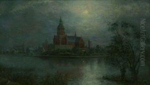 Blick Auf Stralsund Bei Mondschein by Johann Wilhelm Bruecke