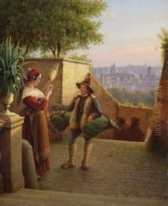 Romische Flachsspinnerin Und Junger Gemuseverkaufer by Johann Wilhelm Bruecke