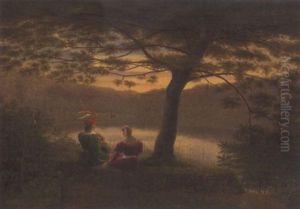 Landschaft Mit Waldsee Und Paar In Altdeutscher Tracht by Johann Wilhelm Bruecke