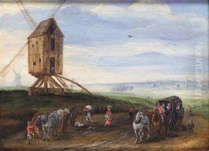 A Landscape With Waggoners On A Road Beside A Windmill