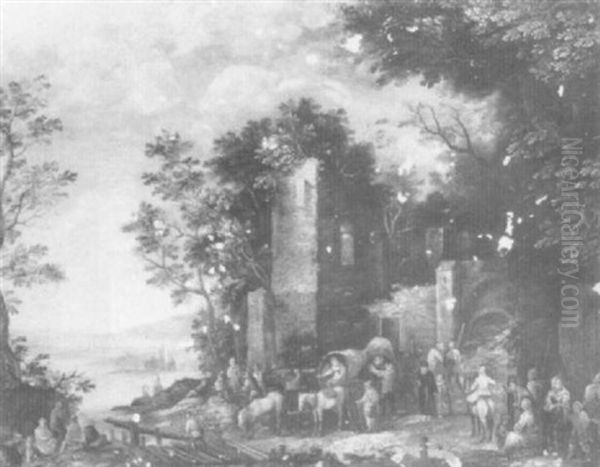 A Wooded River Landscape With Travellers And                Peasants By A Ruin (oil On Silvered Copper?) - view 1